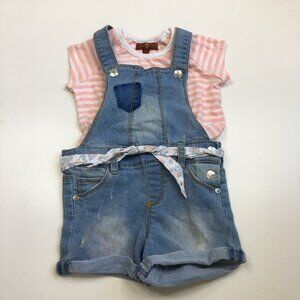 7 FOR ALL MANKIND Striped Shirt Distressed Denim Cuffed Belt Shorts Overalls Set